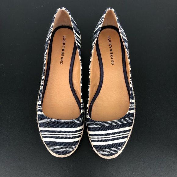 Lucky Brand Tilly Navy White Striped Round Toe Espadrille Wedges - Picture 3 of 11